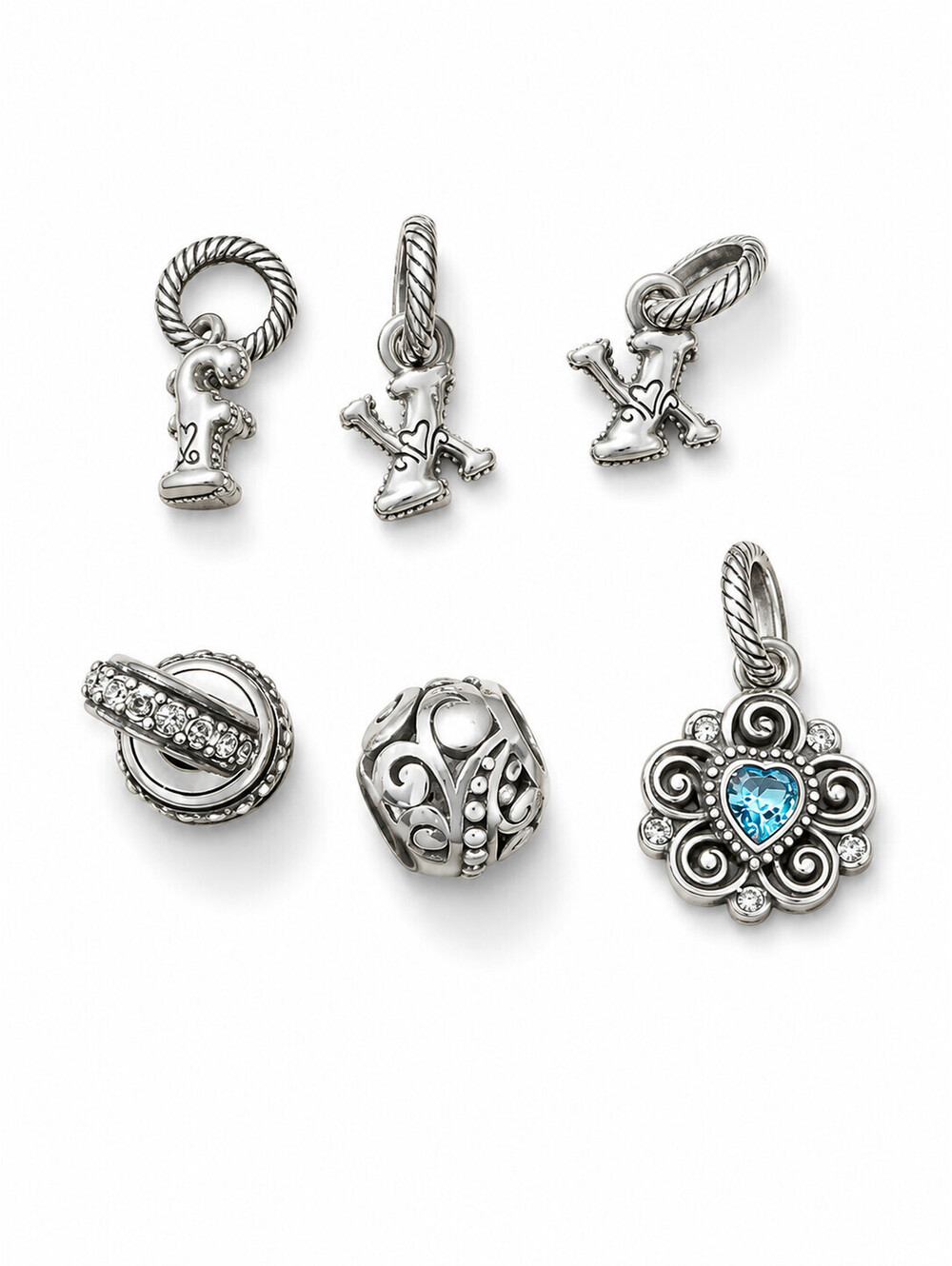 9 Charms, 7 are Brighton Silver Plated, 1 .925 Slv Heart, 1Heart&Key